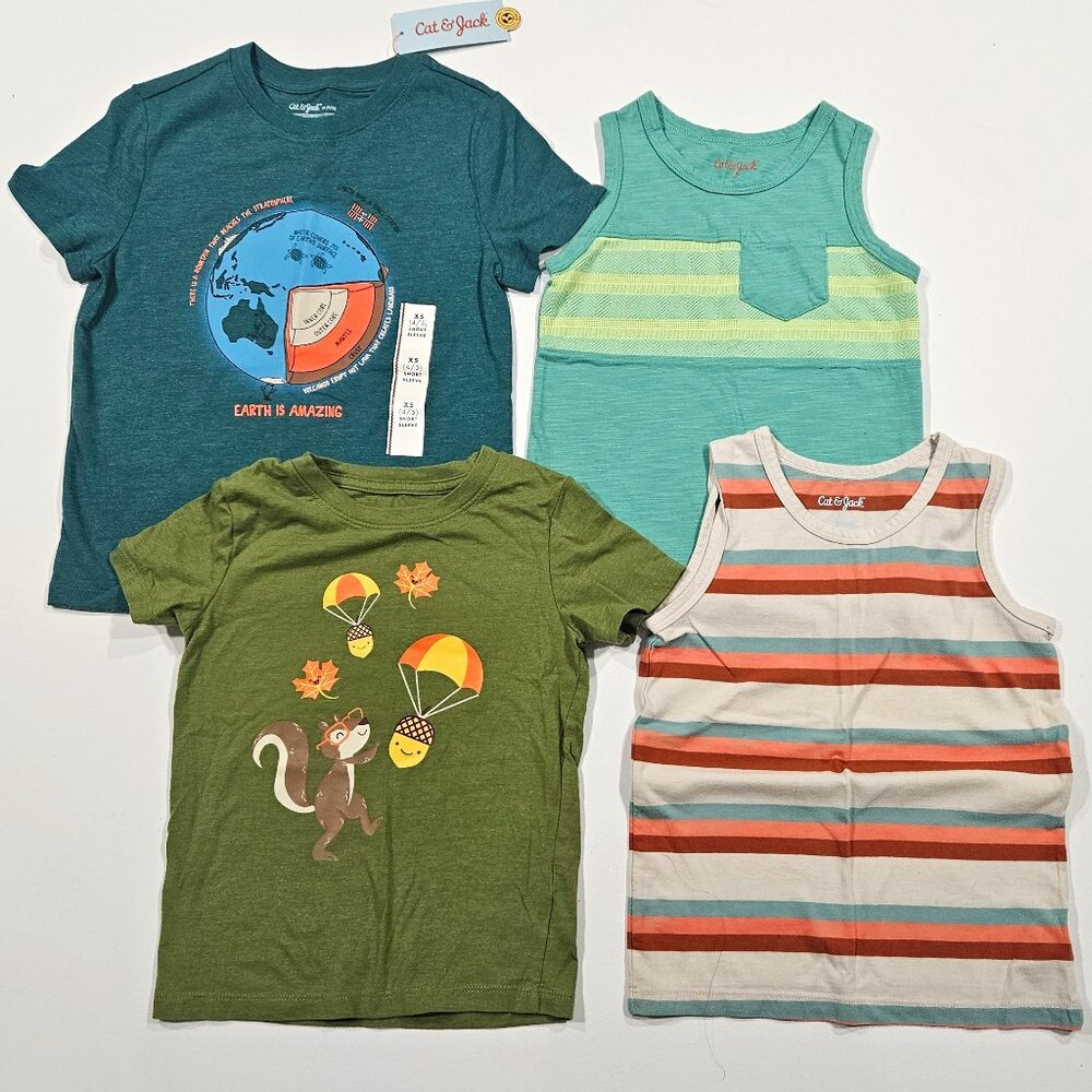 Cat & Jack Boys 4T Shirt Bundle – Tanks & Tees – Earth, Stripes & Fun!